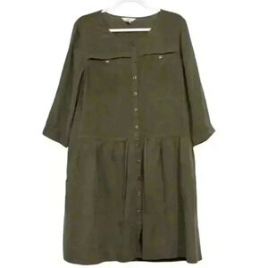 Lands End Dress Size Medium 100% Silk Olive Green 3/4 Sleeve Tie Waist Boho